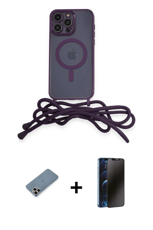 ieg™ iPhone 13 Pro Max Kılıf Eksen Özel Seri - Siyah 3D Antistatik Hayalet Cam Ekran Koruyucu + Mor