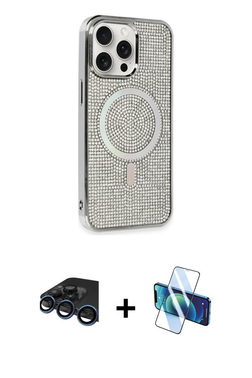 ieg™ iPhone 15 Pro Kılıf Eksen Çizgi - Siyah 3D Antistatik Cam Ekran Koruyucu + Lacivert Raze Metal