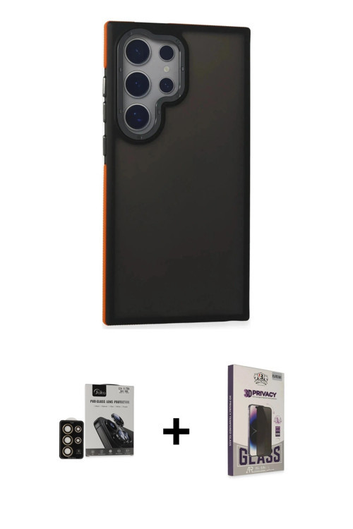 ieg™ Galaxy S24 Ultra Kılıf Eksen Işık - Siyah Bilvis Hayalet Cam Ekran Koruyucu + Gold PVD Metal Ka