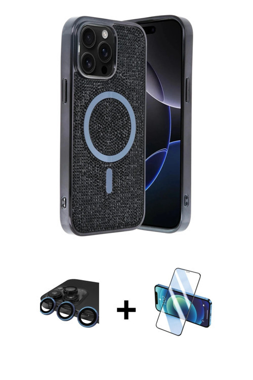 ieg™ iPhone 15 Pro Kılıf Eksen Çizgi - Siyah 3D Antistatik Cam Ekran Koruyucu + Lacivert Raze Metal