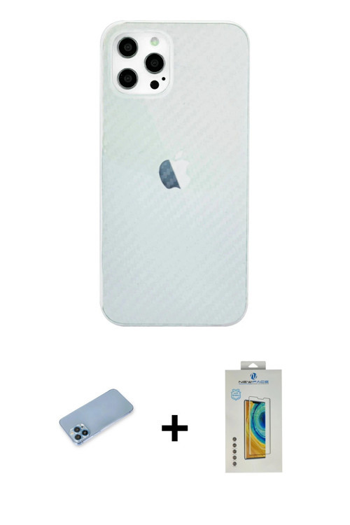 ieg™ iPhone 12 Pro Max Kılıf Nova Çizgi - Siyah Polymer Nano Ekran Koruyucu + Mavi Shine Kamera Lens