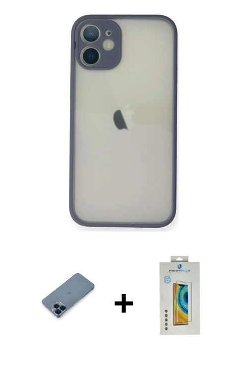 ieg™ iPhone 11 Pro Max Kılıf Ahenk Çizgi Serisi - Siyah Polymer Nano Ekran Koruyucu + Mavi Metal Kam