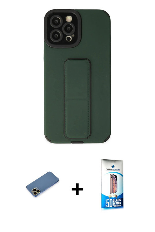 ieg™ iPhone 12 Pro Max Kılıf Çekirdek Yansıma - Siyah 5D Eko Cam Ekran Koruyucu + Gold Shine Kamera