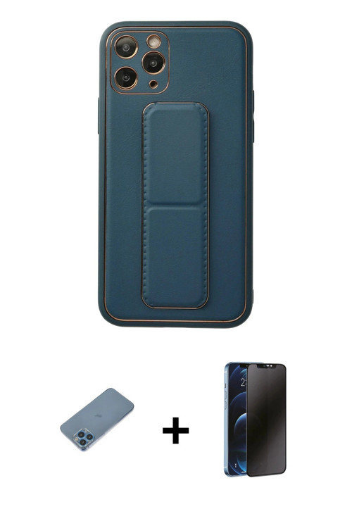 ieg™ iPhone 11 Pro Kılıf Akış Doku - Siyah 3D Antistatik Hayalet Cam Ekran Koruyucu + Mavi Shine Kam