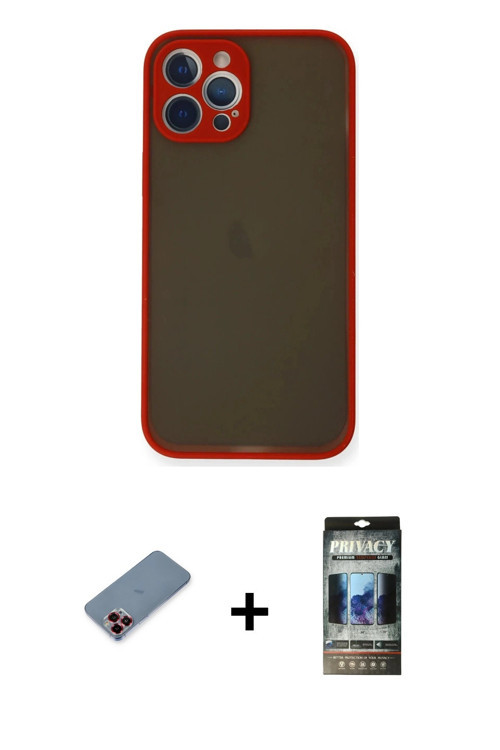 ieg™ iPhone 12 Pro Kılıf Ahenk Çizgi Serisi - Siyah 34D Hayalet Izgaralı Cam + Kırmızı Metal Kamera