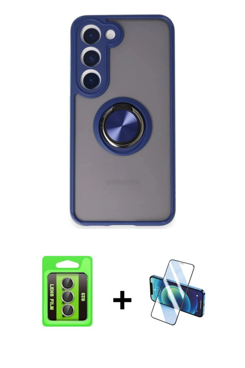 ieg™ Galaxy S23 Kılıf Yörünge Çizgi - Siyah 3D Antistatik Cam Ekran Koruyucu + Gri Raze Metal Kamera
