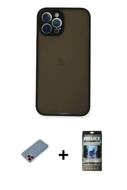 ieg™ iPhone 12 Pro Kılıf Ahenk Çizgi Serisi - Siyah 34D Hayalet Izgaralı Cam + Kırmızı Metal Kamera