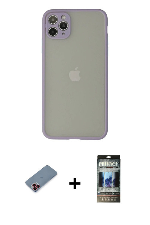 ieg™ iPhone 12 Pro Kılıf Ahenk Çizgi Serisi - Siyah 34D Hayalet Izgaralı Cam + Kırmızı Metal Kamera