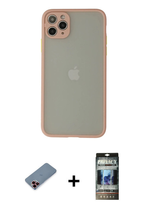 ieg™ iPhone 12 Pro Kılıf Ahenk Çizgi Serisi - Siyah 34D Hayalet Izgaralı Cam + Kırmızı Metal Kamera
