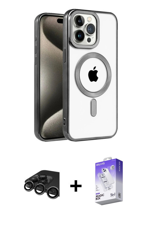 ieg™ iPhone 15 Pro Kılıf Eksen Form Koleksiyonu - Siyah Bilvis 5in1 3D Magic Cam Ekran Koruyucu + Ti