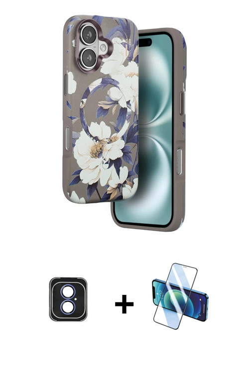 ieg™ iPhone 16 Kılıf Siluet Doku - Siyah 3D Antistatik Seramik Nano Ekran Koruyucu + Mavi PVD Metal