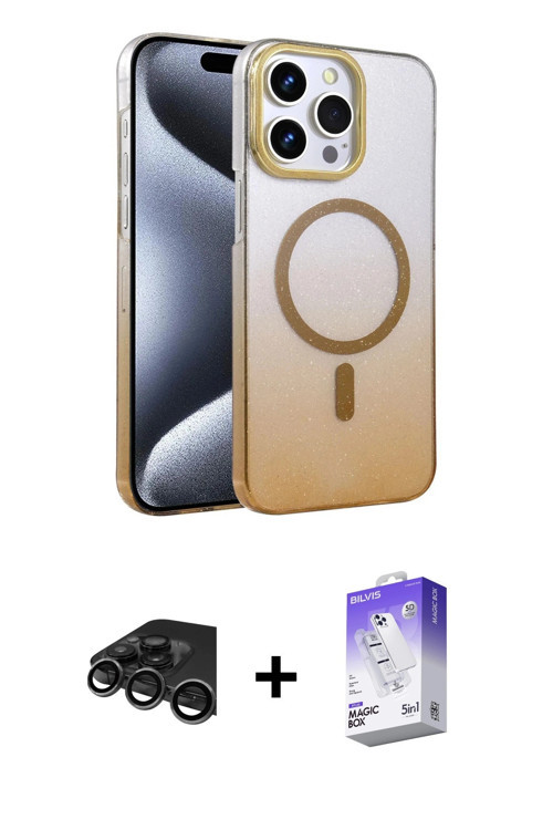 iPhone 15 Pro Max Kılıf Ahenk Doku Özel Seri - Siyah Bilvis 5in1 3D Magic Cam Ekran Koruyucu +
