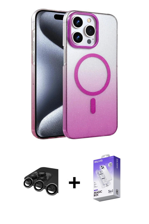 iPhone 15 Pro Max Kılıf Ahenk Doku Özel Seri - Siyah Bilvis 5in1 3D Magic Cam Ekran Koruyucu +