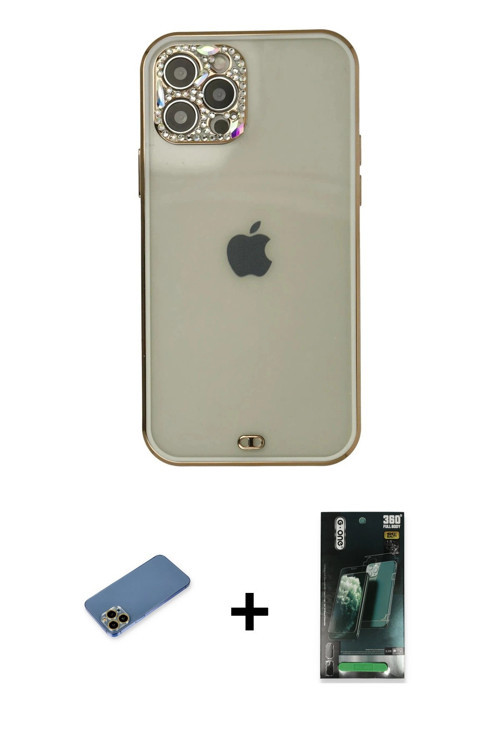ieg™ iPhone 12 Pro Max Kılıf Eksen Minimal Koleksiyonu - Şeffaf 360 Full Body Arka Koruyucu + Gold S