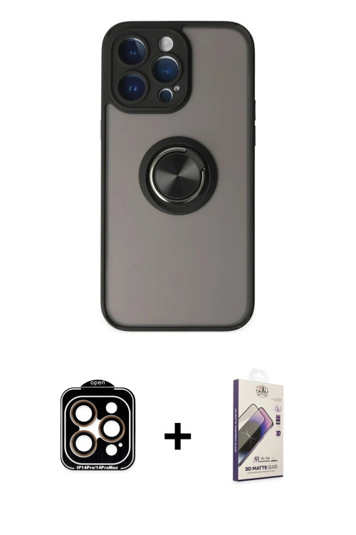 ieg™ iPhone 14 Pro Max Kılıf Yörünge Çizgi - Siyah Bilvis 3D Mat Cam Ekran Koruyucu + Turuncu PVD Me