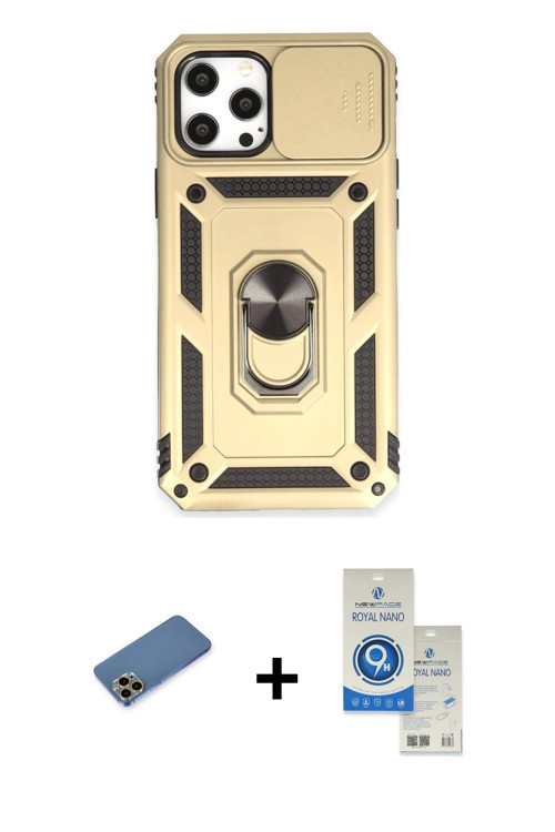 ieg™ iPhone 12 Pro Max Kılıf Ahenk Klasik - Şeffaf Royal Nano Ekran Koruyucu + Gold Shine Kamera Len