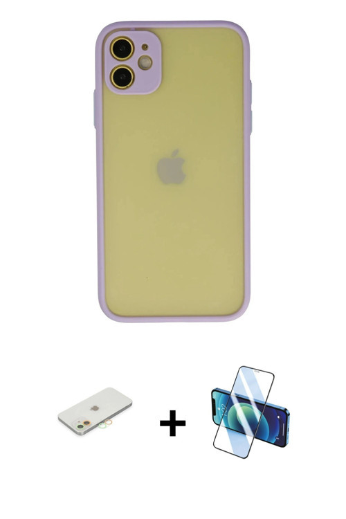 ieg™ iPhone 11 Kılıf Ahenk Çizgi Serisi - Siyah 3D Antistatik Cam Ekran Koruyucu + Turuncu Renkli Ka