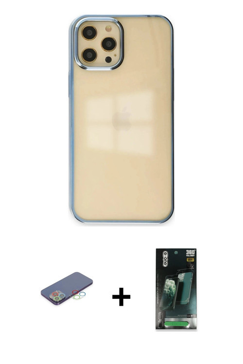 ieg™ iPhone 12 Pro Max Kılıf Doruk Doku Prime - Şeffaf 360 Full Body Arka Koruyucu + Mavi Renkli Kam