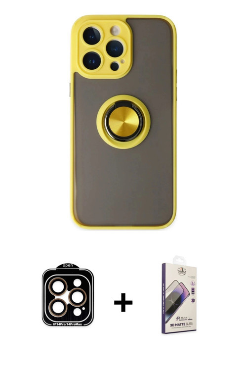 ieg™ iPhone 14 Pro Max Kılıf Yörünge Çizgi - Siyah Bilvis 3D Mat Cam Ekran Koruyucu + Turuncu PVD Me