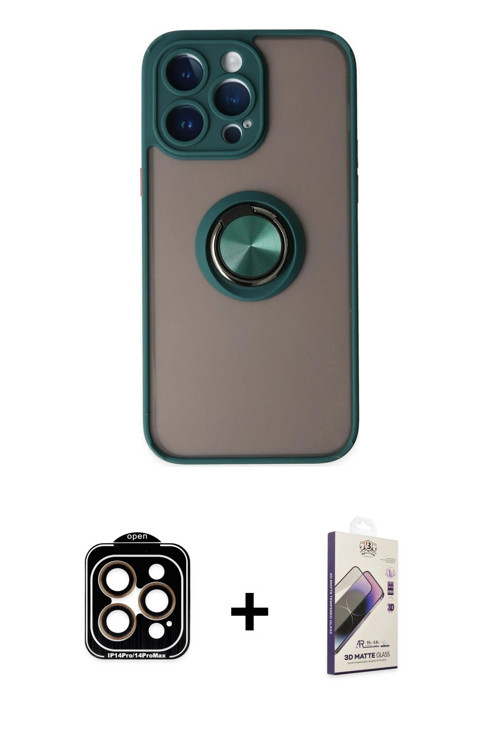 ieg™ iPhone 14 Pro Max Kılıf Yörünge Çizgi - Siyah Bilvis 3D Mat Cam Ekran Koruyucu + Turuncu PVD Me
