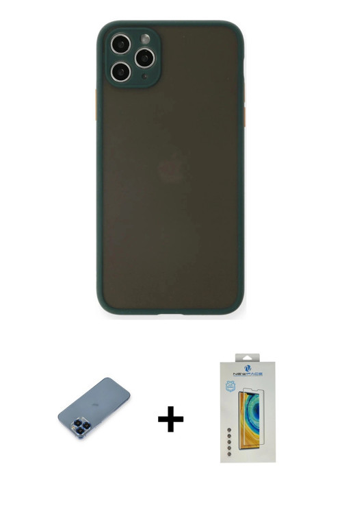 ieg™ iPhone 11 Pro Max Kılıf Ahenk Çizgi Serisi - Siyah Polymer Nano Ekran Koruyucu + Mavi Metal Kam
