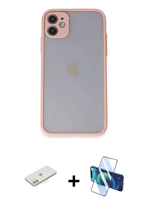 ieg™ iPhone 11 Kılıf Ahenk Çizgi Serisi - Siyah 3D Antistatik Cam Ekran Koruyucu + Turuncu Renkli Ka