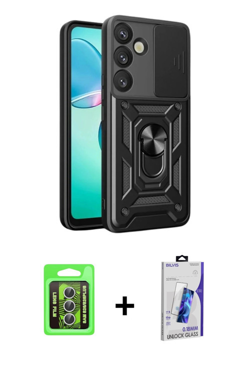 ieg™ Galaxy S26 Kılıf Ahenk Klasik - Siyah Bilvis 3D Cam Ekran Koruyucu + Gümüş Raze Metal Kamera Le