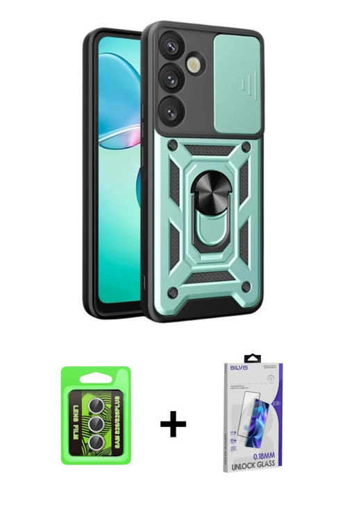 ieg™ Galaxy S26 Kılıf Ahenk Klasik - Siyah Bilvis 3D Cam Ekran Koruyucu + Gümüş Raze Metal Kamera Le