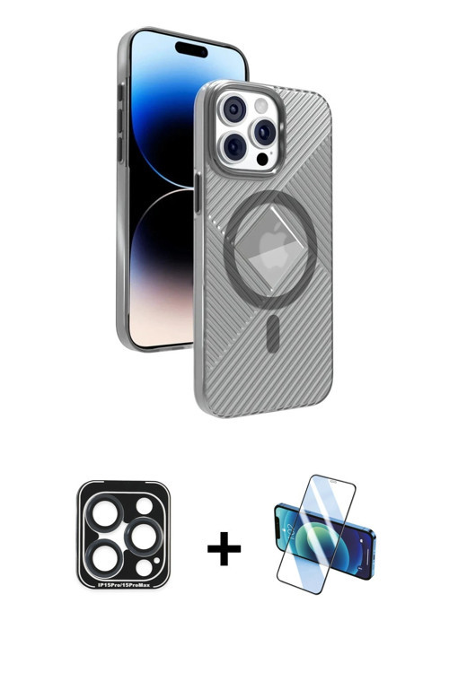 ieg™ iPhone 15 Pro Max Kılıf Nova Modern Prime - Siyah 3D Antistatik Cam Ekran Koruyucu + Lacivert P