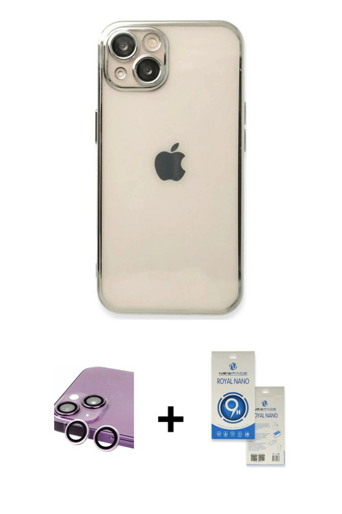 ieg™ iPhone 14 Kılıf Vadi Minimal - Şeffaf Royal Nano Ekran Koruyucu + Mor Raze Metal Kamera Lens