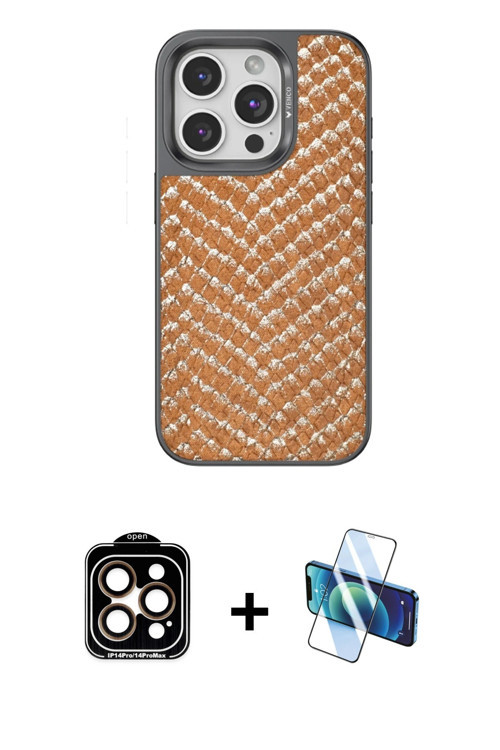 ieg™ iPhone 15 Pro Max Kılıf Vadi Özel Seri - Siyah 3D Antistatik Cam Ekran Koruyucu + Turuncu PVD M