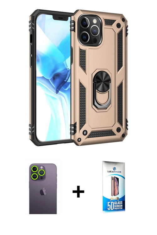 iPhone 12 Pro Max Kılıf Ahenk Klasik Koleksiyonu - Siyah 5D Eko Cam Ekran Koruyucu + Yeşil Neon