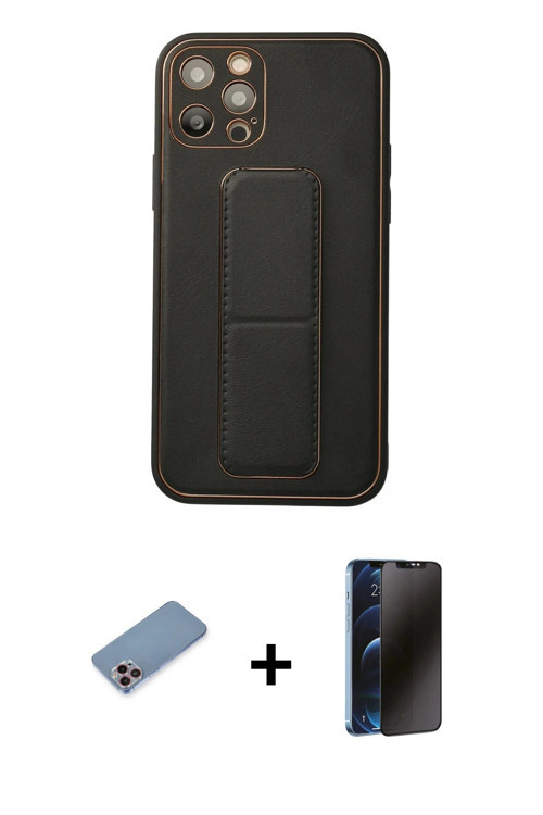 iPhone 12 Pro Kılıf Akış Doku - Siyah 3D Antistatik Hayalet Cam Ekran Koruyucu + Pembe Shine Ka