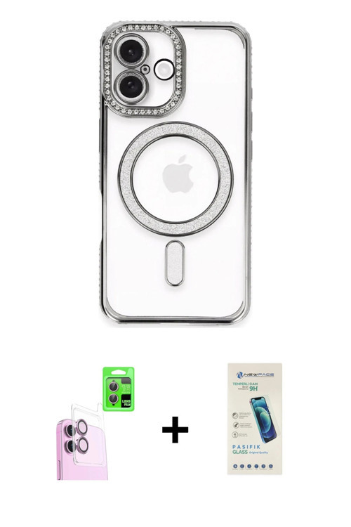 iPhone 16 Plus Kılıf Zirve Doku Prime - Şeffaf Pasifik Cam Ekran Koruyucu + Pembe Raze Metal Ka