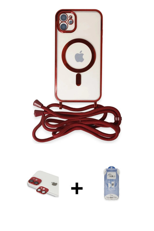 iPhone 11 Kılıf Eksen Özel Seri - Siyah Joko Magic 5D Cam + Kırmızı Pers Alüminyum Kamera Lens