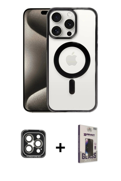 iPhone 15 Pro Max Kılıf Siluet Çizgi Serisi - Siyah Bilvis Hayalet Cam Ekran Koruyucu + Gri PVD