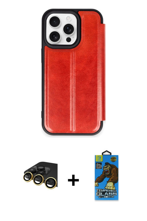 iPhone 14 Pro Max Kılıf Zirve Yansıma Serisi - Siyah 18D Cam Ekran Koruyucu + Gold Raze Metal K