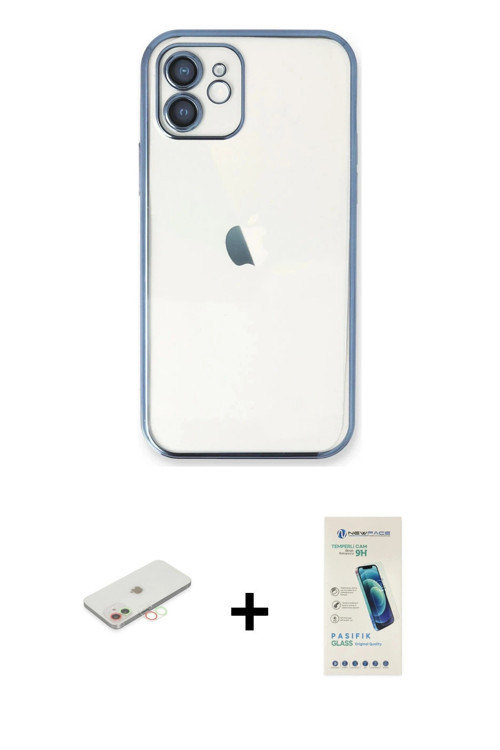 iPhone 12 Kılıf Vadi Minimal - Şeffaf Pasifik Cam Ekran Koruyucu + Yeşil Renkli Kamera Lens Kor