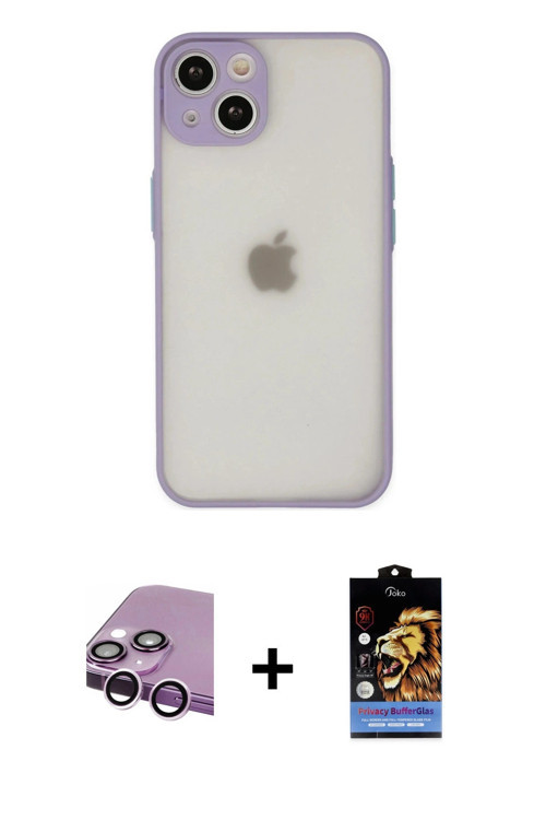 ieg™ iPhone 14 Kılıf Ahenk Çizgi Serisi - Siyah Buffer Hayalet Cam Ekran Koruyucu + Mor Raze Metal K