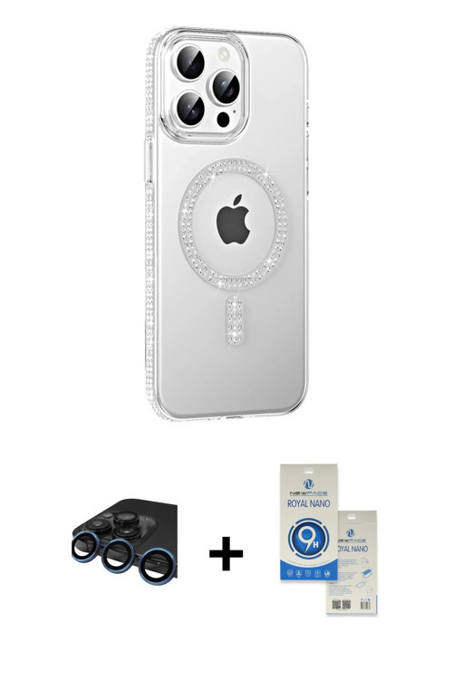 ieg™ iPhone 15 Pro Kılıf Yörünge Koleksiyonu - Şeffaf Royal Nano Ekran Koruyucu + Lacivert Raze Meta