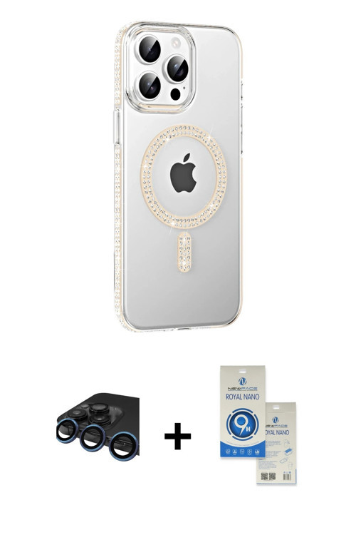 ieg™ iPhone 15 Pro Kılıf Yörünge Koleksiyonu - Şeffaf Royal Nano Ekran Koruyucu + Lacivert Raze Meta