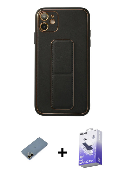 iPhone 12 Kılıf Akış Doku - Siyah Bilvis 5in1 5D Magic Hayalet Cam Ekran Koruyucu + Gold Shine