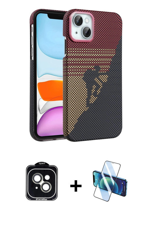 iPhone 14 Kılıf Doruk Serisi - Siyah 3D Antistatik Cam Ekran Koruyucu + Yeşil PVD Metal Kamera