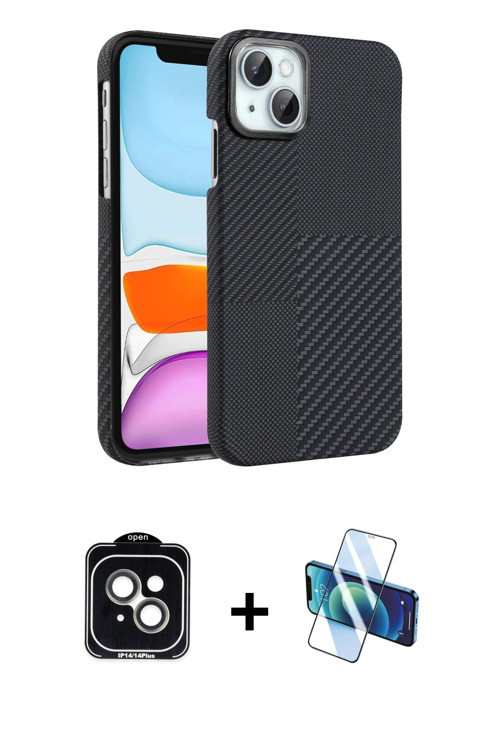 iPhone 14 Kılıf Doruk Serisi - Siyah 3D Antistatik Cam Ekran Koruyucu + Yeşil PVD Metal Kamera