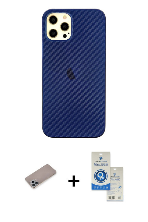 ieg™ iPhone 12 Pro Max Kılıf Nova Çizgi - Şeffaf Royal Nano Ekran Koruyucu + Sierra Blue Shine Kamer