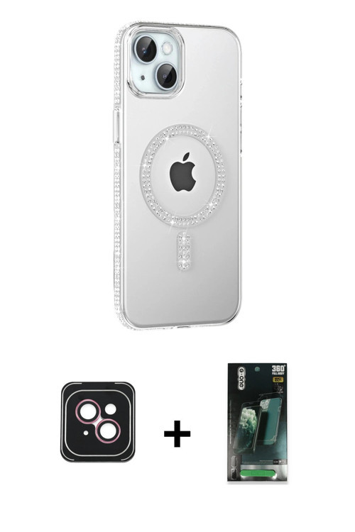 ieg™ iPhone 14 Kılıf Yörünge Koleksiyonu - Şeffaf 360 Full Body Arka Koruyucu + Pembe PVD Metal Kame