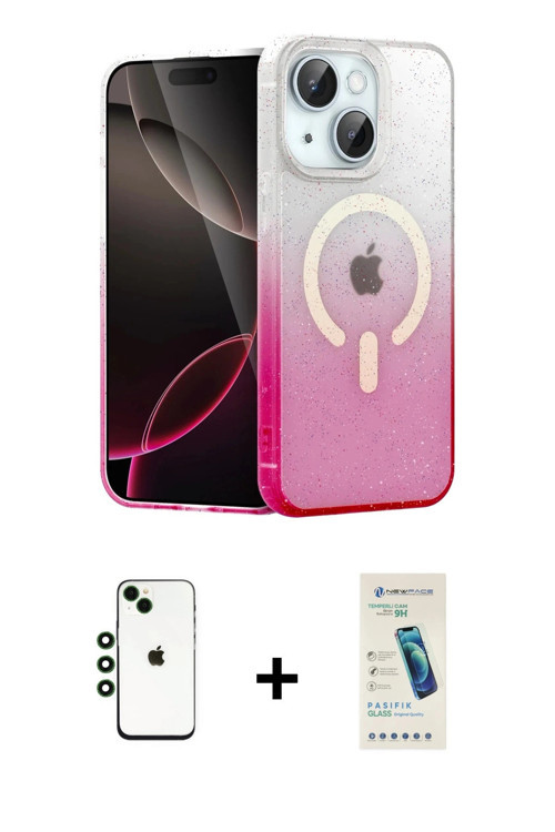 ieg™ iPhone 14 Kılıf Eksen Minimal Özel Seri - Şeffaf Pasifik Cam Ekran Koruyucu + Yeşil Shine Kamer