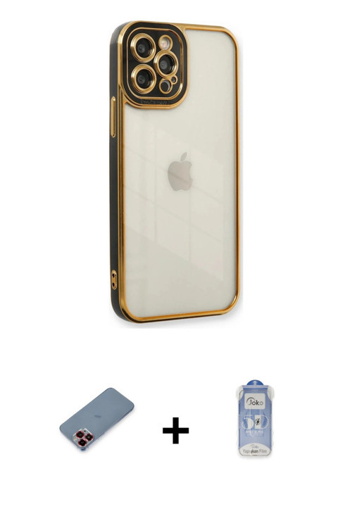iPhone 12 Pro Max Kılıf Çekirdek Klasik Serisi - Siyah Joko Magic 5D Cam + Kırmızı Metal Kamera