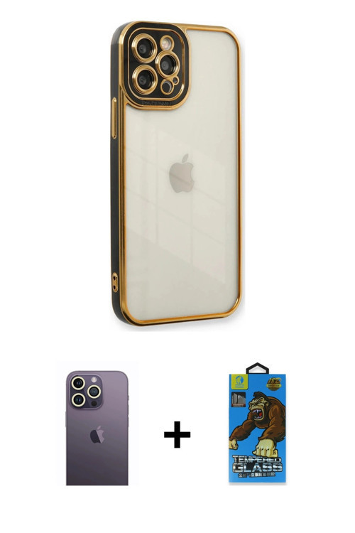 ieg™ iPhone 12 Pro Max Kılıf Çekirdek Klasik Serisi - Siyah 18D Cam Ekran Koruyucu + Beyaz Neon Fosf