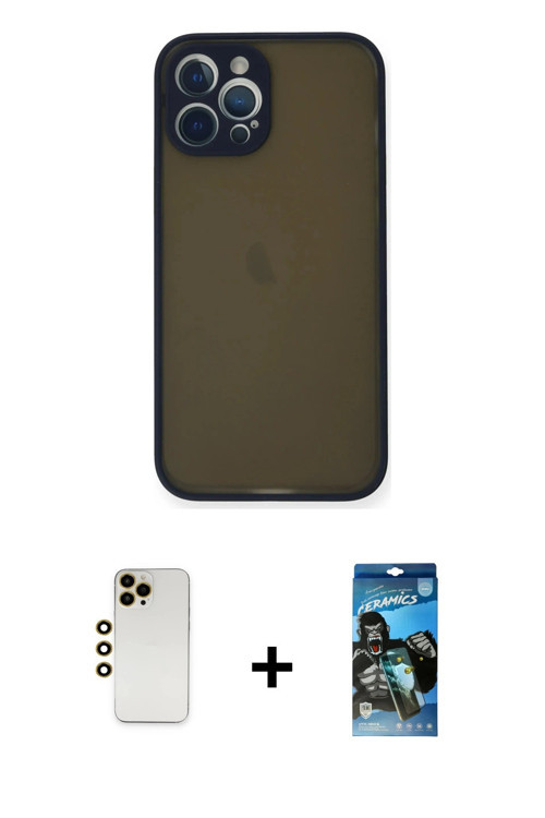 iPhone 12 Pro Max Kılıf Ahenk Çizgi Serisi - Siyah 34D Izgaralı Cam + Gold Shine Kamera Lens